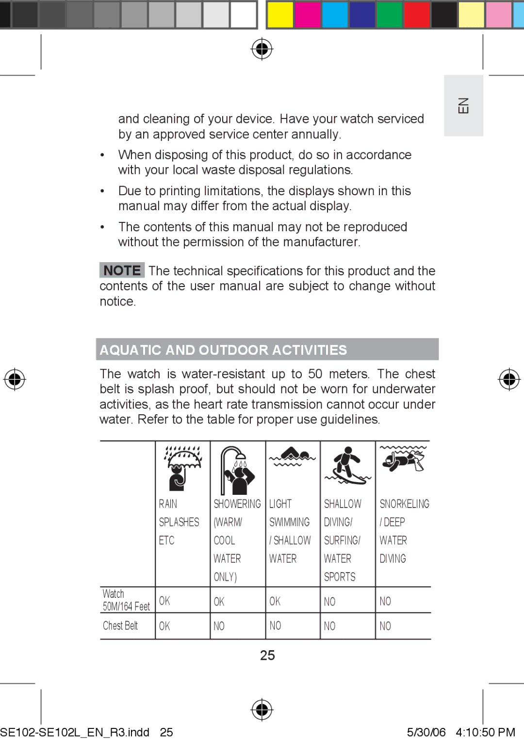 Oregon Scientific SE102L user manual Aquatic and Outdoor Activities, Water Diving Only Sports 