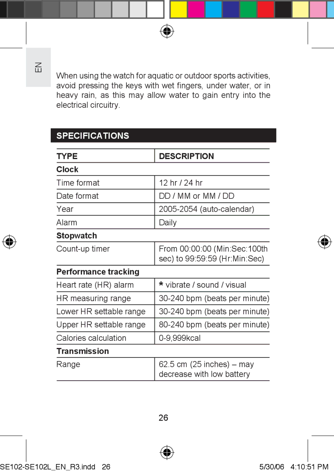 Oregon Scientific SE102L user manual Specifications, Type Description 