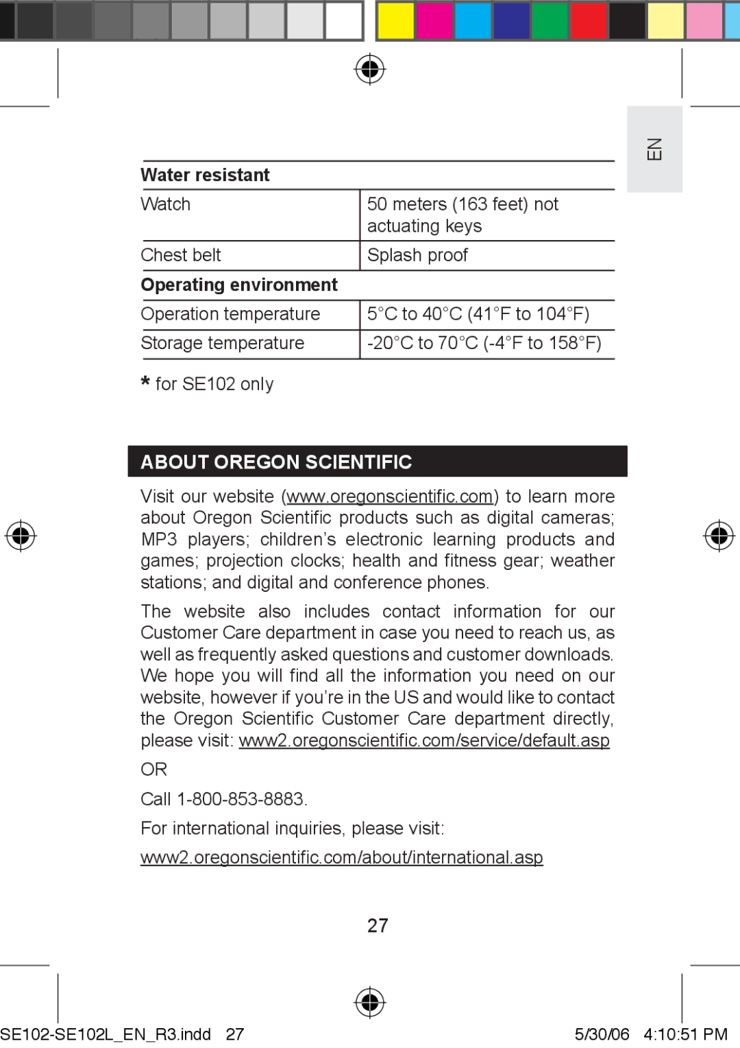 Oregon Scientific SE102L user manual Water resistant, Operating environment, About Oregon Scientific 