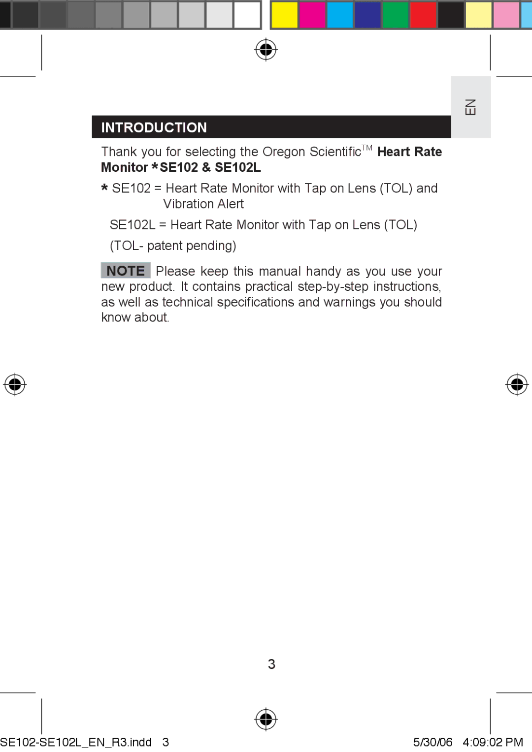 Oregon Scientific Introduction, Thank you for selecting the Oregon ScientiﬁcTM Heart Rate, Monitor *SE102 & SE102L 