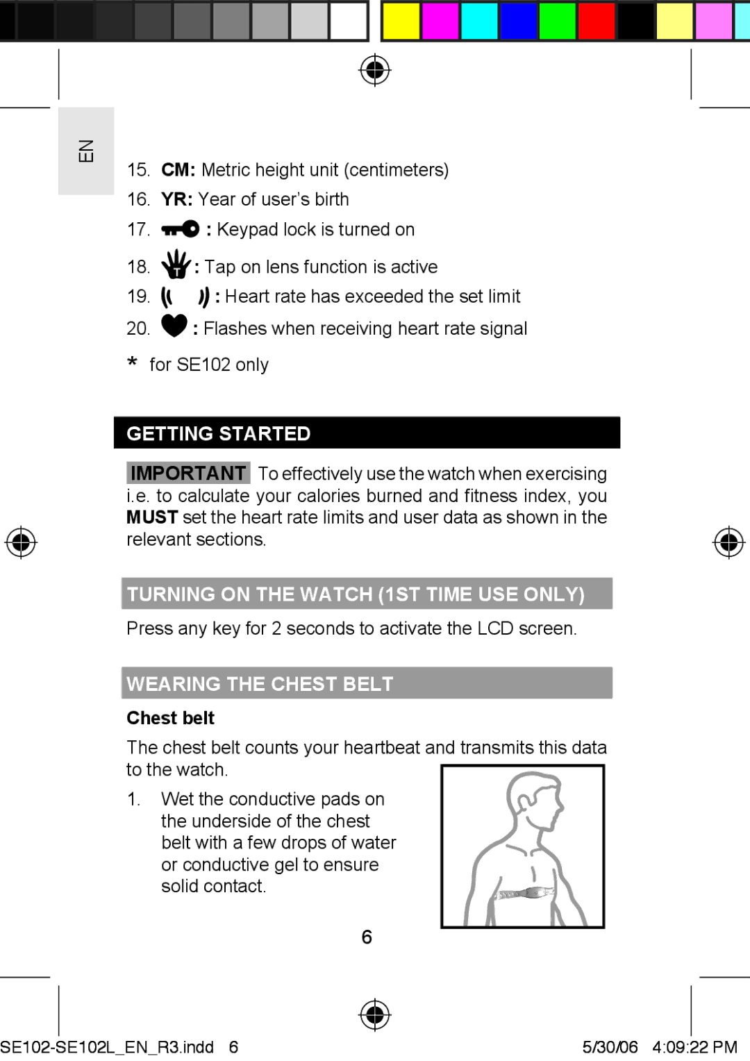 Oregon Scientific SE102L Getting Started, Turning on the Watch 1ST Time USE only, Wearing the Chest Belt, Chest belt 