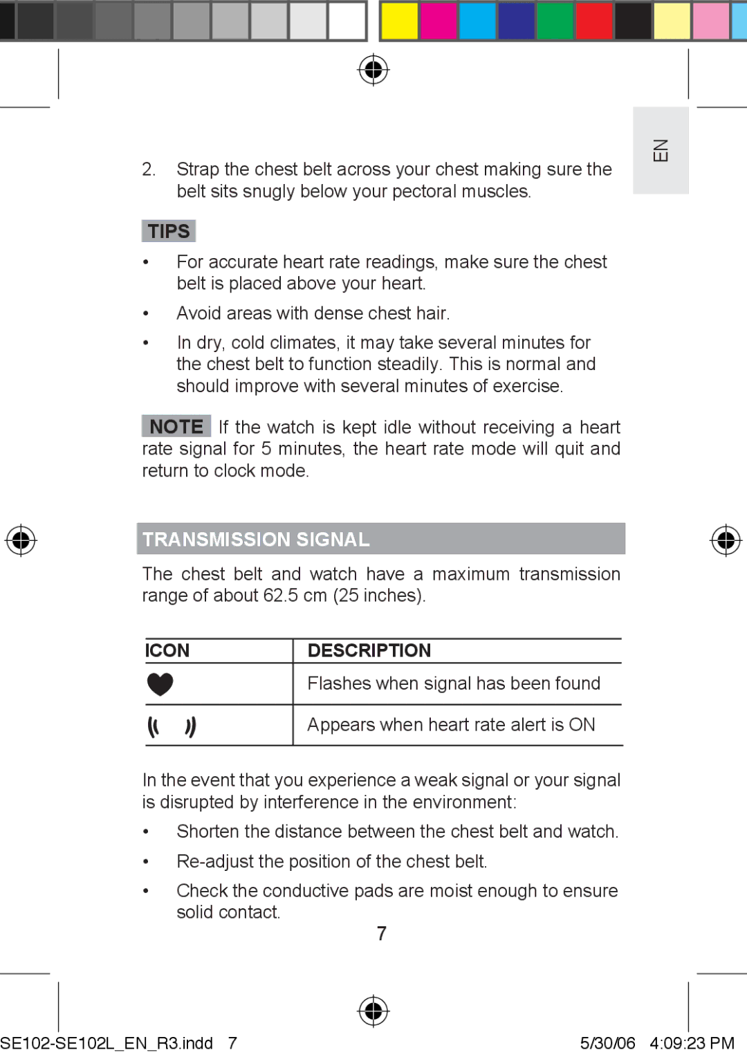 Oregon Scientific SE102L user manual Tips, Transmission Signal, Icon Description, Appears when heart rate alert is on 