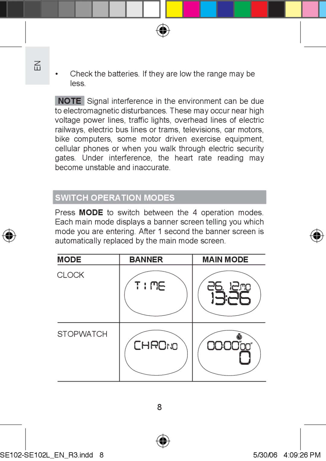 Oregon Scientific SE102L user manual Switch Operation Modes, Mode Banner Main Mode 