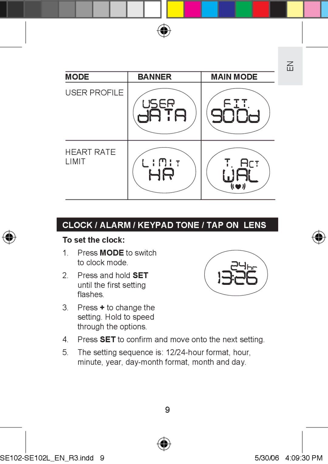 Oregon Scientific SE102L user manual Mode Banner, Clock / Alarm / Keypad Tone / TAP on Lens, To set the clock 