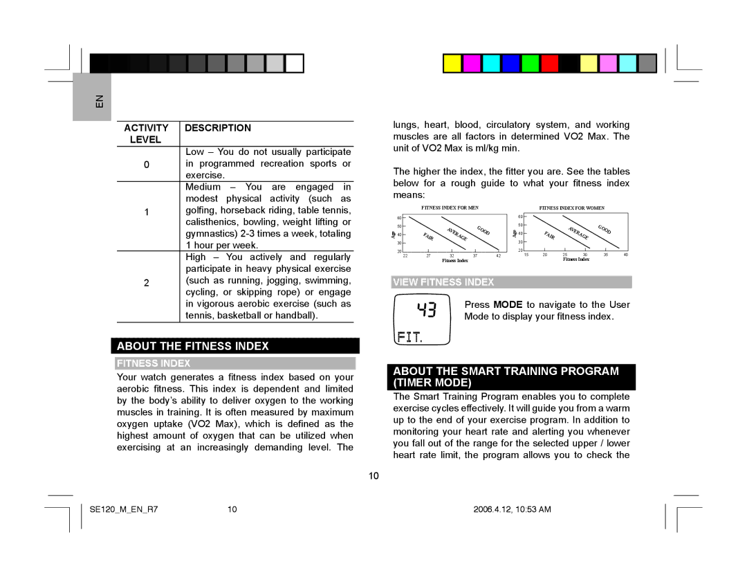 Oregon Scientific SE120 About the Fitness Index, About the Smart Training Program Timer Mode, Activity Description Level 