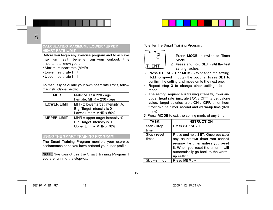 Oregon Scientific SE120 Calculating Maximum / Lower / Upper Heart Rate Limit, Lower Limit, Upper Limit, Task Instruction 