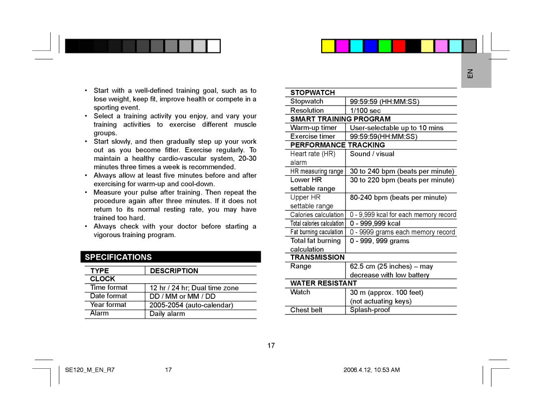 Oregon Scientific SE120 user manual Specifications 