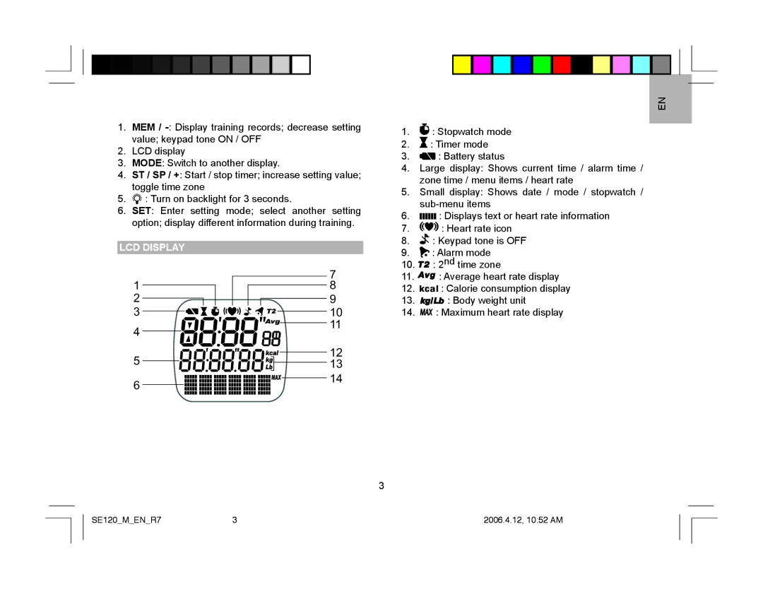 Oregon Scientific SE120 user manual LCD Display 