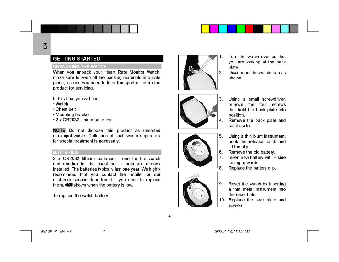 Oregon Scientific SE120 user manual Getting Started, Unpacking the Watch, Batteries 