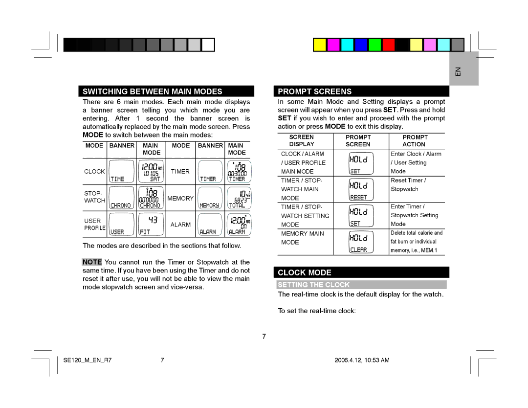 Oregon Scientific SE120 user manual Switching Between Main Modes, Prompt Screens, Clock Mode, Setting the Clock 