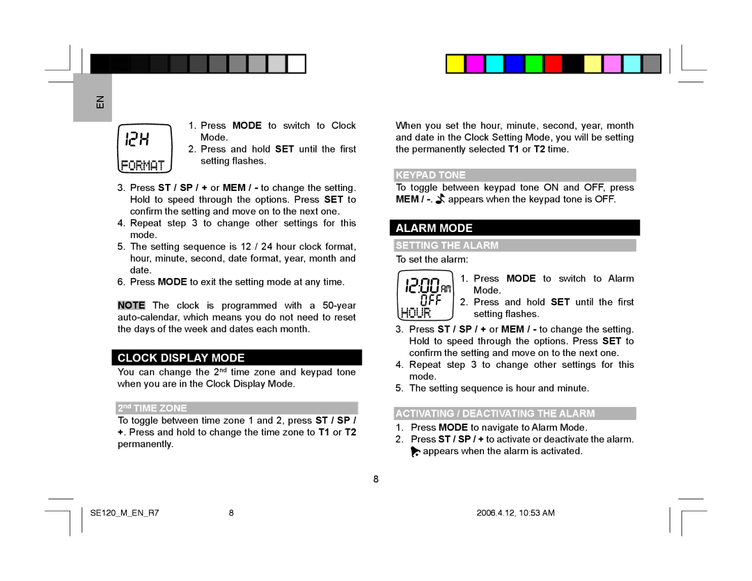 Oregon Scientific SE120 user manual Clock Display Mode, Alarm Mode, Keypad Tone, Setting the Alarm 