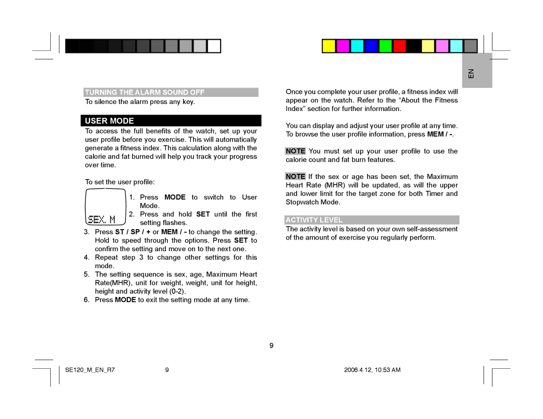 Oregon Scientific SE120 user manual User Mode, Turning the Alarm Sound OFF, Activity Level 