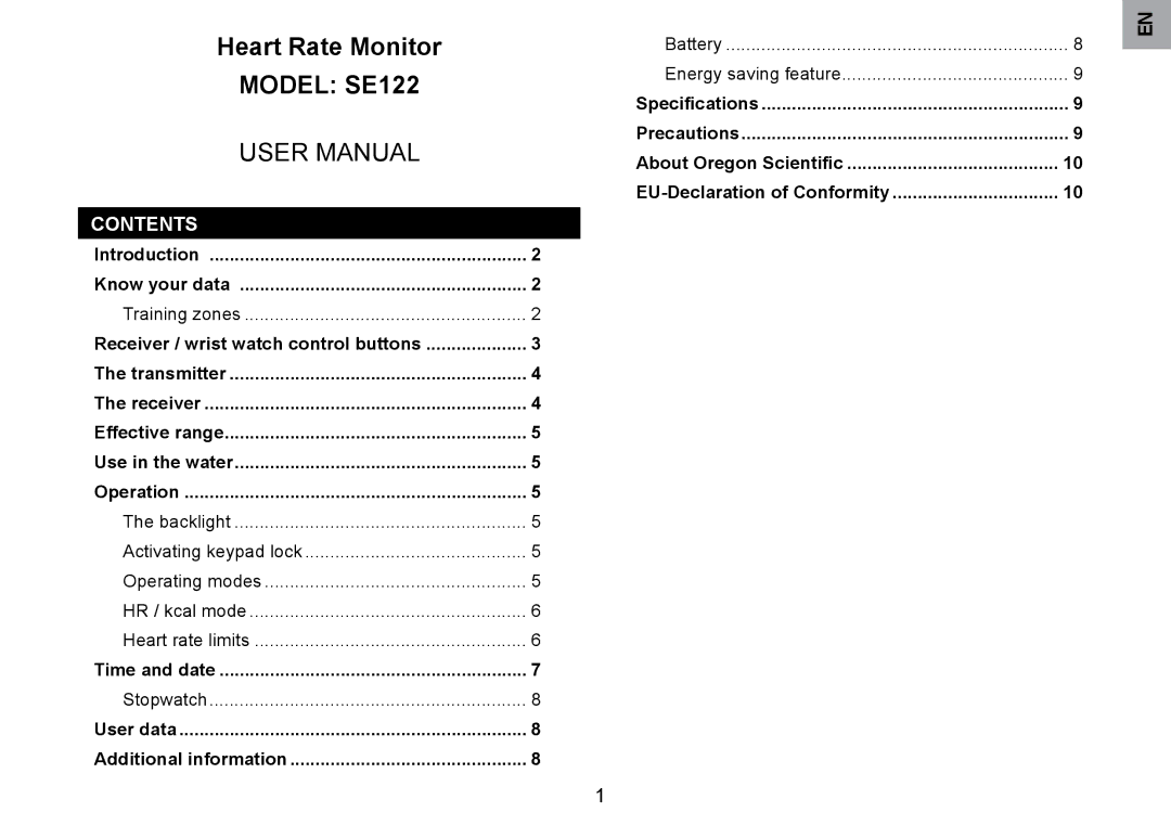 Oregon Scientific user manual Model SE122, Contents 