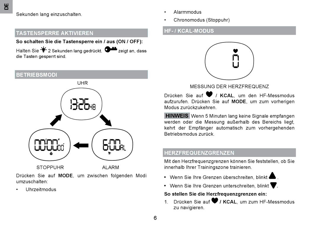 Oregon Scientific SE122 user manual Tastensperre Aktivieren, Betriebsmodi, Hf- / Kcal-Modus, Herzfrequenzgrenzen 