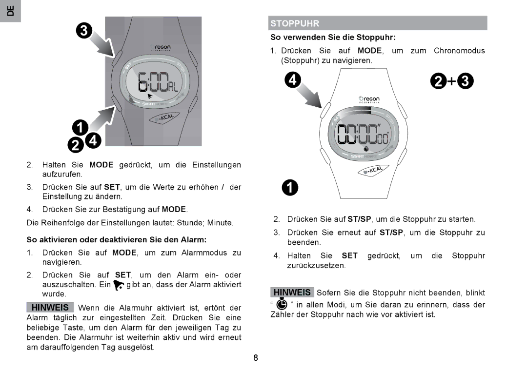 Oregon Scientific SE122 user manual So aktivieren oder deaktivieren Sie den Alarm, So verwenden Sie die Stoppuhr 