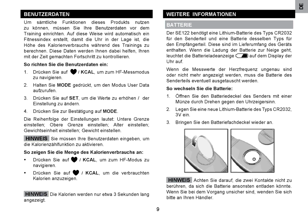 Oregon Scientific SE122 user manual Weitere Informationen Batterie, So richten Sie die Benutzerdaten ein 