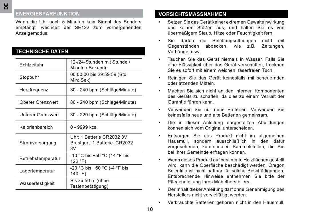 Oregon Scientific SE122 user manual Energiesparfunktion, Technische Daten, Vorsichtsmassnahmen 