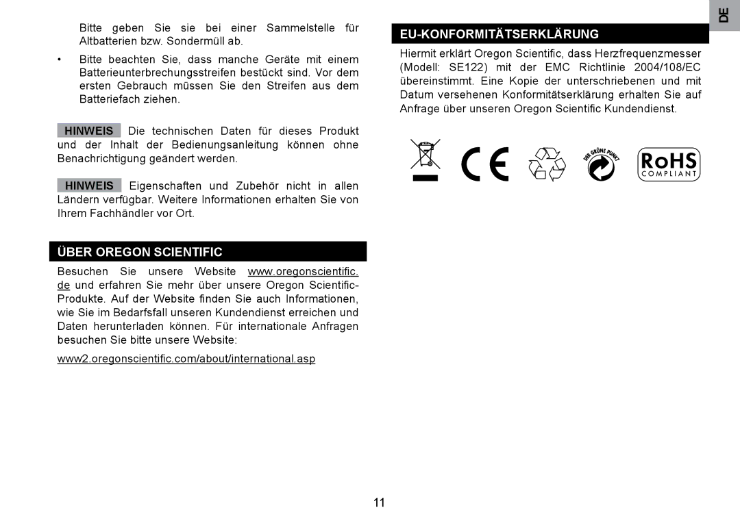 Oregon Scientific SE122 user manual Über Oregon Scientific EU-KONFORMITÄTSERKLÄRUNG 