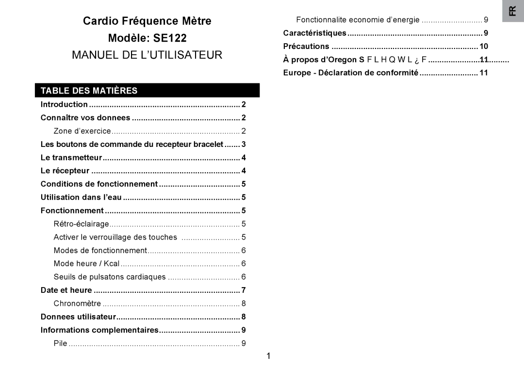 Oregon Scientific SE122 user manual Table DES Matières, Introduction Connaître vos donnees Zone d’exercice 