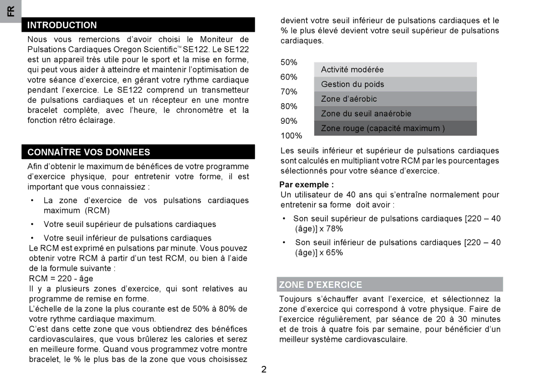 Oregon Scientific SE122 user manual Connaître VOS Donnees, Zone D’EXERCICE, Par exemple 