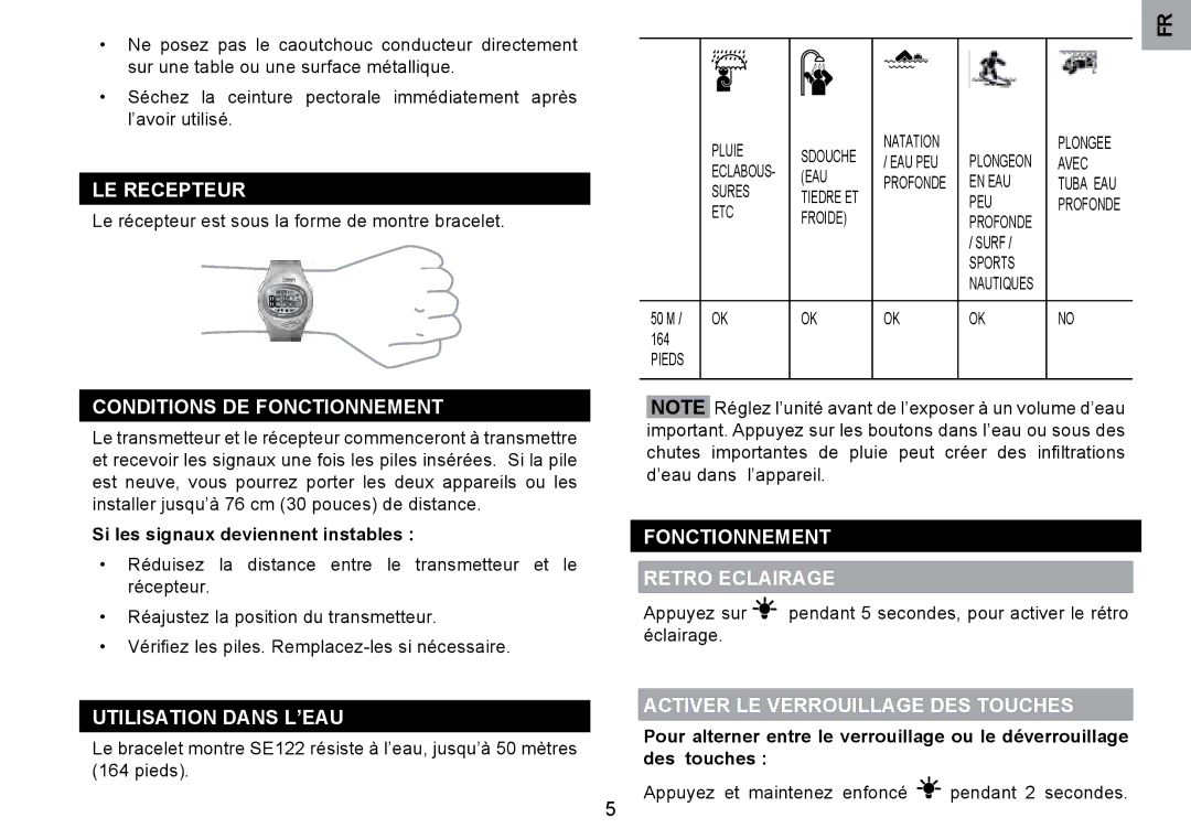 Oregon Scientific SE122 LE Recepteur, Conditions DE Fonctionnement, Fonctionnement Retro Eclairage, Utilisation Dans L’EAU 