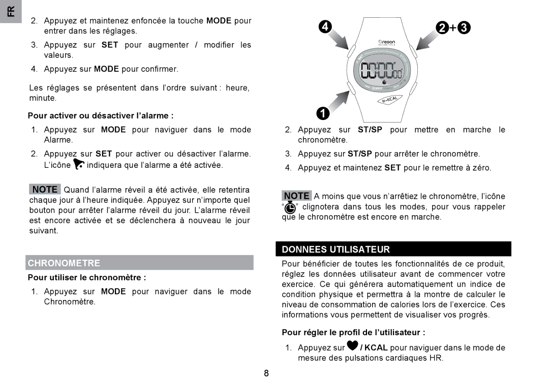 Oregon Scientific SE122 user manual Chronometre, Donnees Utilisateur, Pour activer ou désactiver l’alarme 