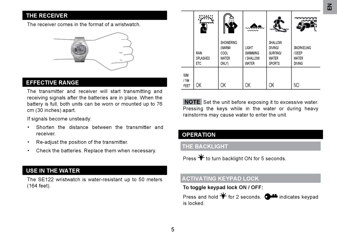 Oregon Scientific SE122 Receiver, Effective Range, USE in the Water, Operation Backlight, Activating Keypad Lock 