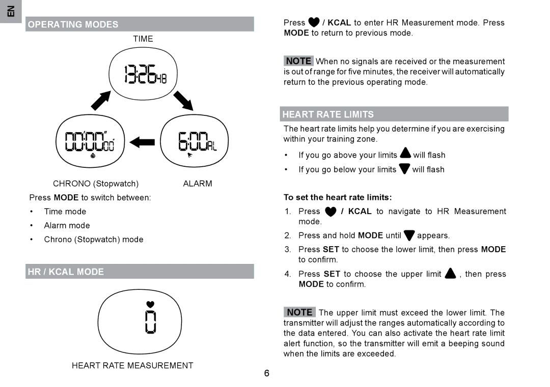 Oregon Scientific SE122 user manual Operating Modes, HR / Kcal Mode, Heart Rate Limits, To set the heart rate limits 