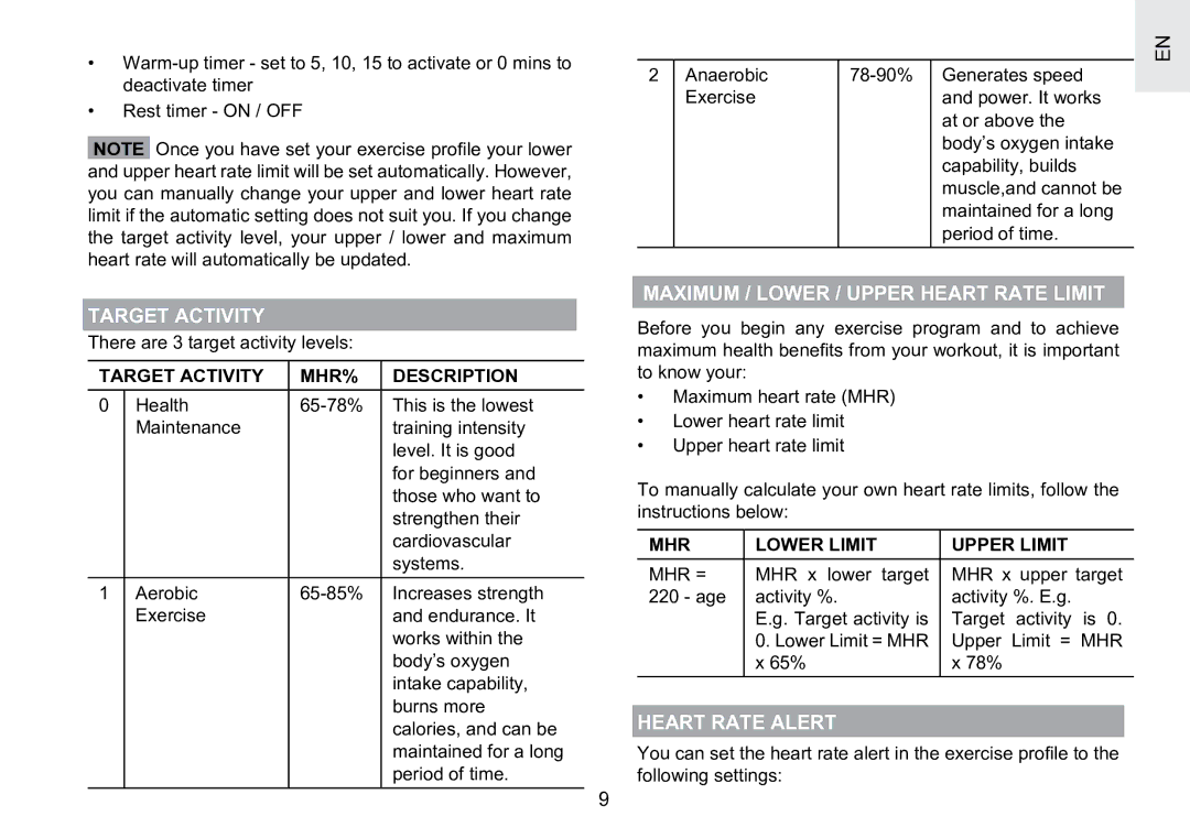 Oregon Scientific SE188 user manual Target Activity, Maximum / Lower / Upper Heart Rate Limit, Heart Rate Alert 