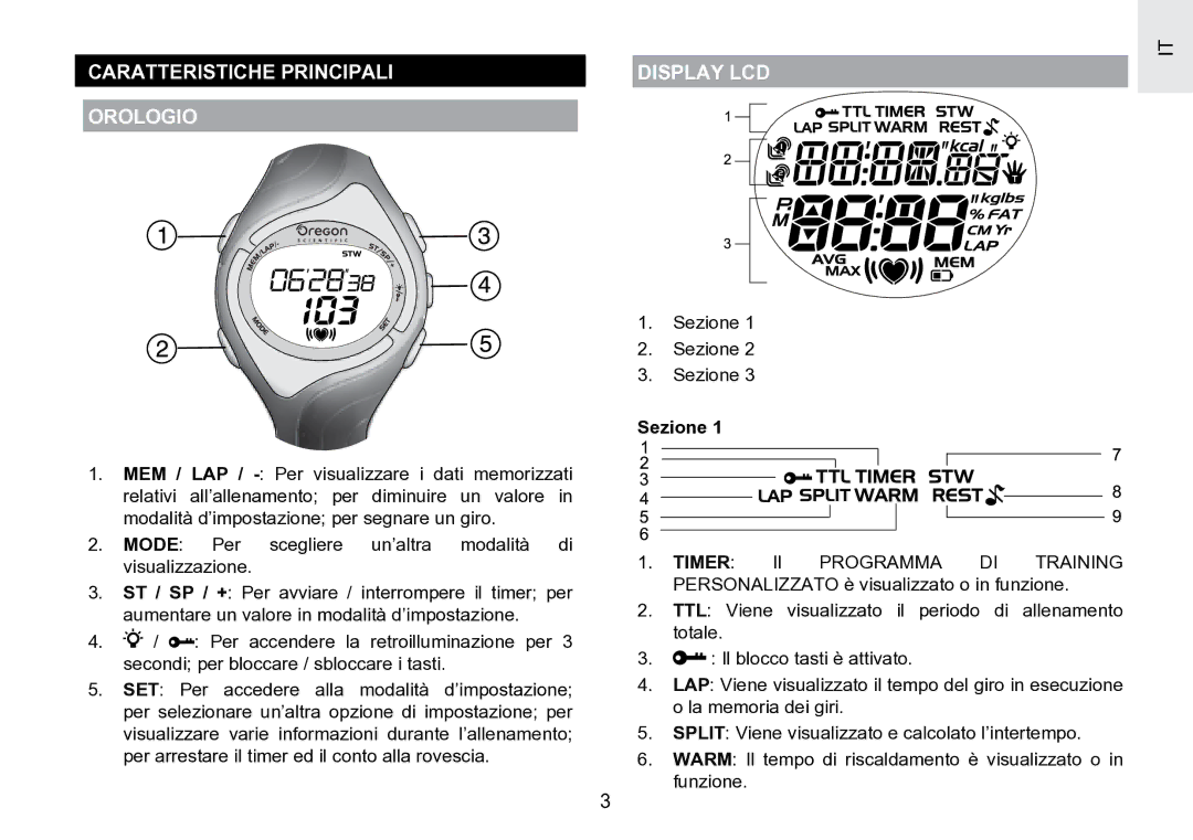 Oregon Scientific SE188 user manual Caratteristiche Principali Orologio, Display LCD, Sezione 