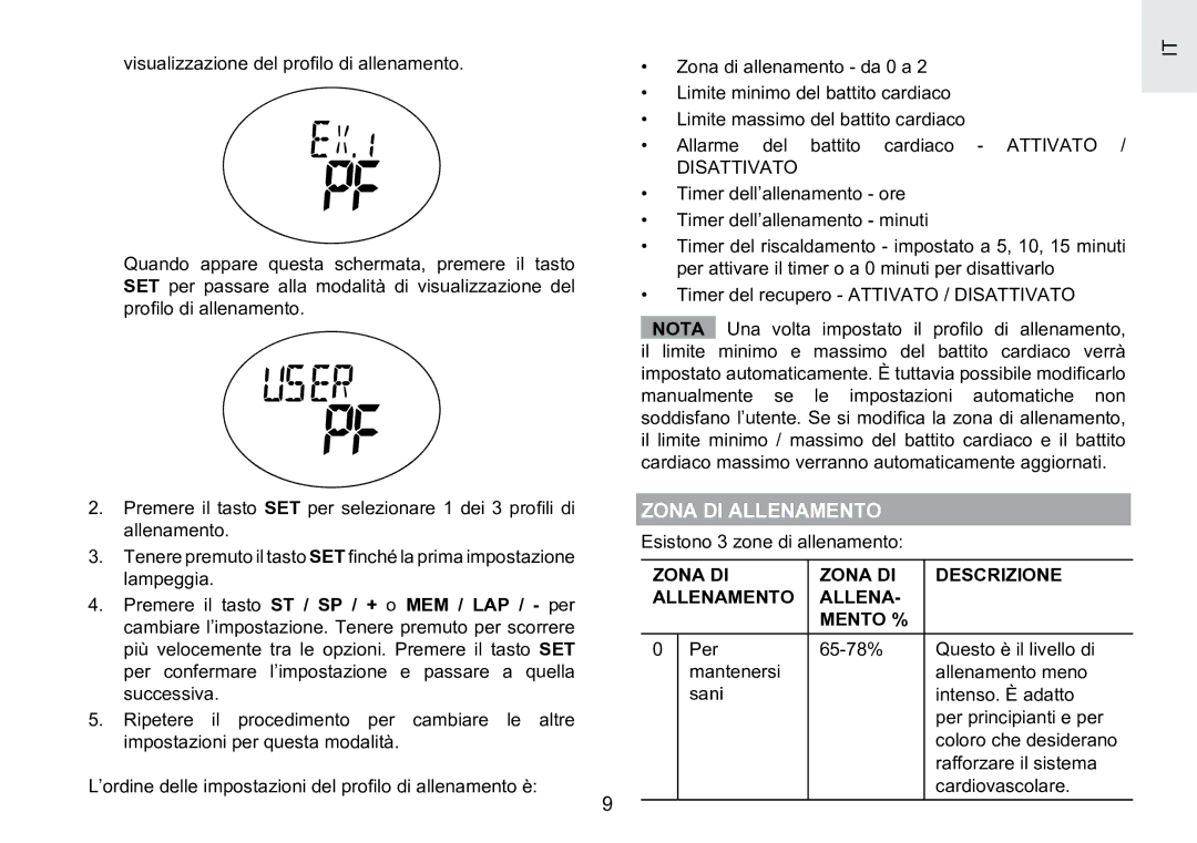 Oregon Scientific SE188 user manual Zona DI Allenamento, Disattivato, Zona DI Descrizione, Allenamento Mento % 