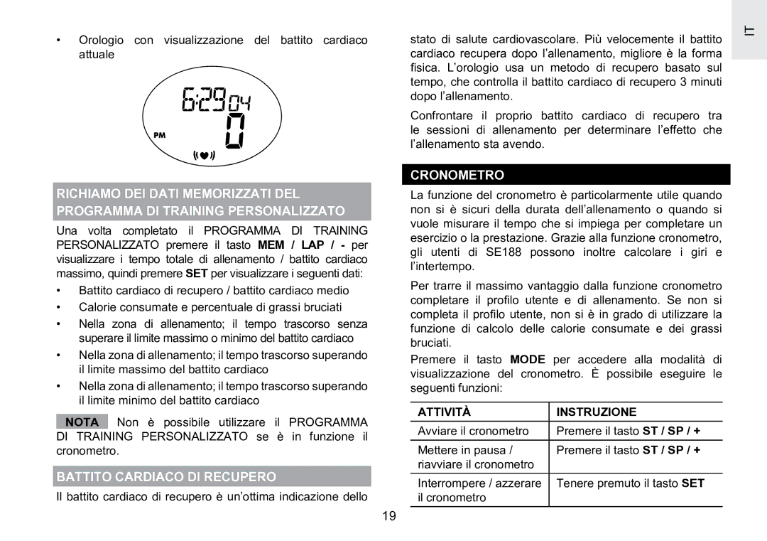 Oregon Scientific SE188 user manual Battito Cardiaco DI Recupero, Cronometro, Attività Instruzione 