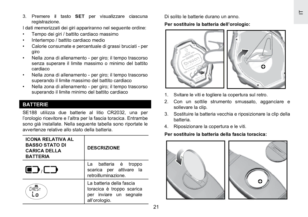 Oregon Scientific SE188 user manual Batterie, Per sostituire la batteria dell’orologio 