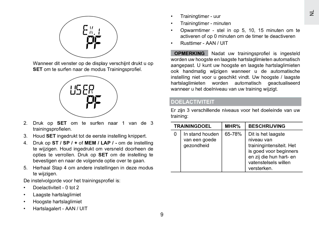 Oregon Scientific SE188 user manual Doelactiviteit, Trainingdoel MHR% Beschrijving 