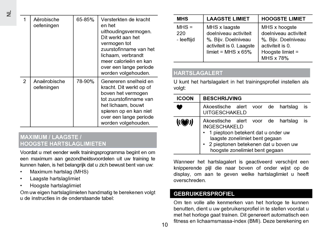 Oregon Scientific SE188 Maximum / Laagste Hoogste Hartslaglimieten, Hartslagalert, Gebruikersprofiel, Icoon Beschrijving 