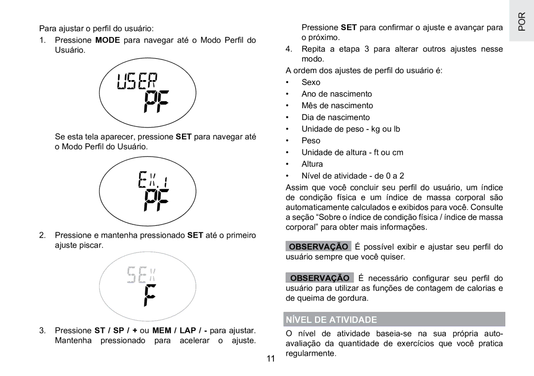 Oregon Scientific SE188 user manual Nível DE Atividade 