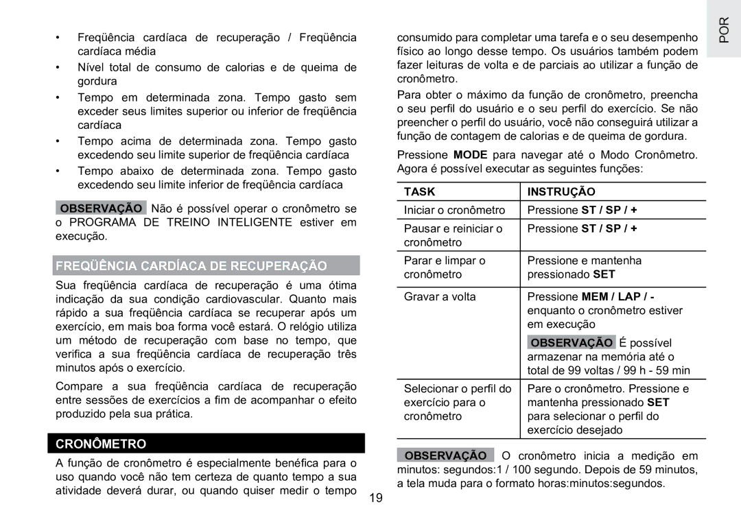 Oregon Scientific SE188 user manual Freqüência Cardíaca DE Recuperação, Cronômetro, Task Instrução, Pressione ST / SP / + 