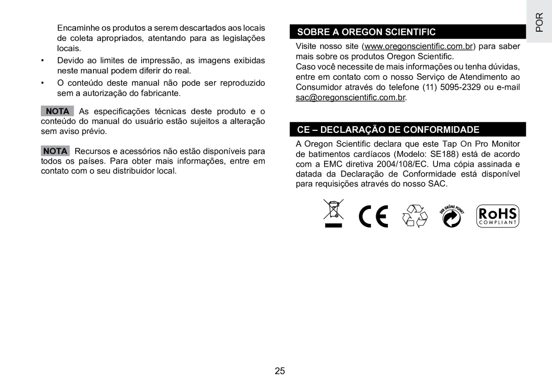 Oregon Scientific SE188 user manual Sobre a Oregon Scientific, CE Declaração DE Conformidade 