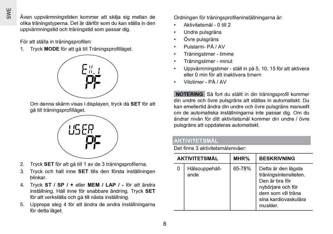 Oregon Scientific SE188 user manual Aktivitetsmål MHR% Beskrivning 