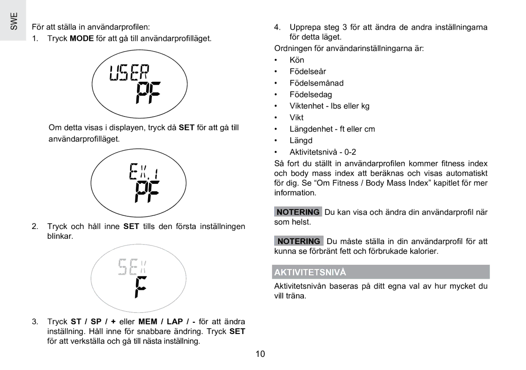 Oregon Scientific SE188 user manual Aktivitetsnivå 