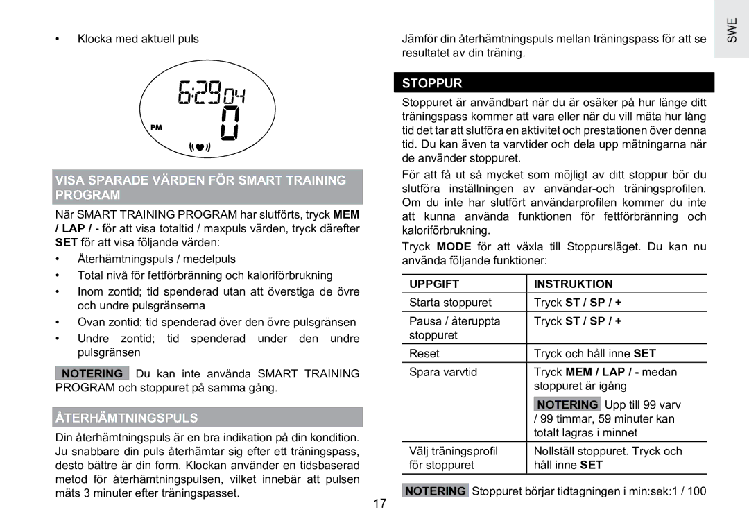 Oregon Scientific SE188 Visa Sparade Värden FÖR Smart Training Program, Återhämtningspuls, Stoppur, Uppgift Instruktion 