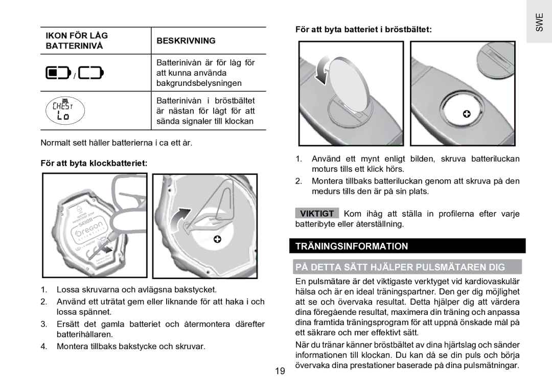 Oregon Scientific SE188 Träningsinformation PÅ Detta Sätt Hjälper Pulsmätaren DIG, Ikon FÖR LÅG Beskrivning Batterinivå 