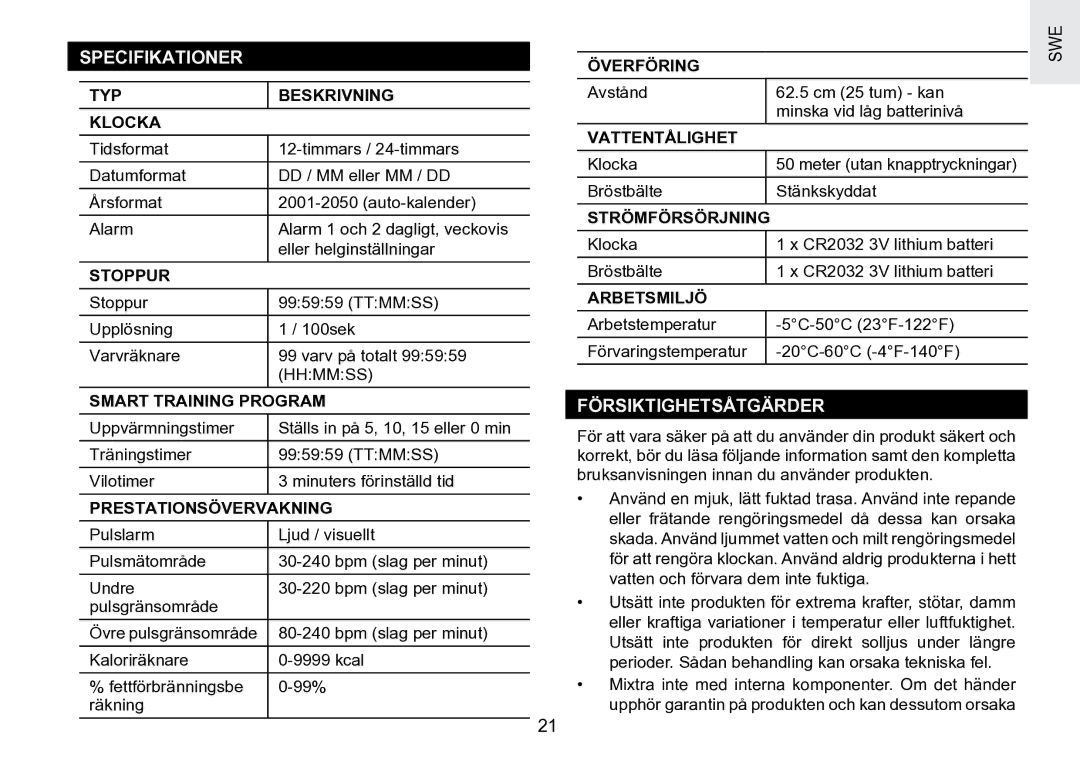 Oregon Scientific SE188 user manual Specifikationer, Försiktighetsåtgärder 