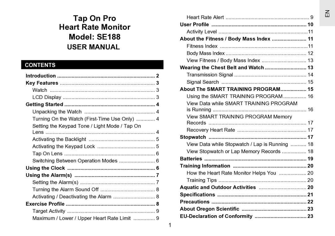 Oregon Scientific user manual Tap On Pro Heart Rate Monitor Model SE188, Contents 