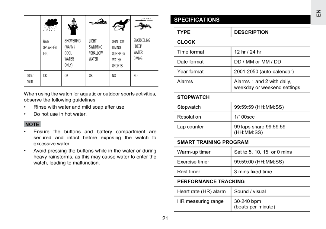 Oregon Scientific SE188 Specifications, Type Description Clock, Stopwatch, Smart Training Program, Performance Tracking 