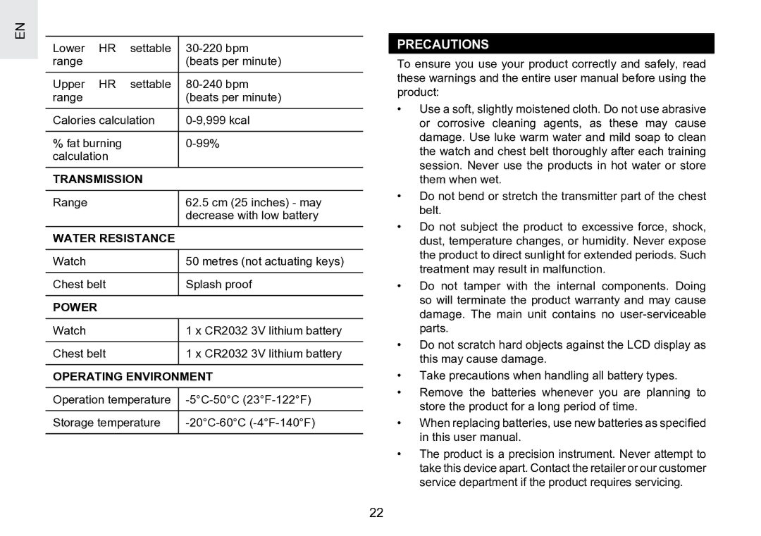 Oregon Scientific SE188 user manual Precautions, Transmission, Water Resistance, Power, Operating Environment 