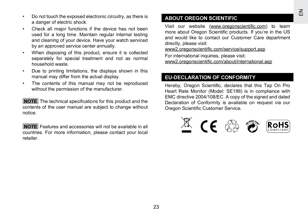 Oregon Scientific SE188 user manual About Oregon Scientific EU-DECLARATION of Conformity 