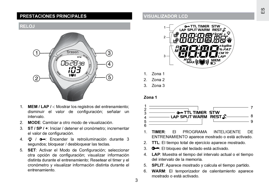 Oregon Scientific SE188 user manual Prestaciones Principales Reloj, Visualizador LCD, Zona 