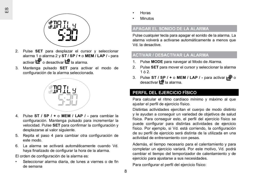 Oregon Scientific SE188 Apagar EL Sonido DE LA Alarma, Activar / Desactivar LA Alarma, Perfil DEL Ejercicio Físico 