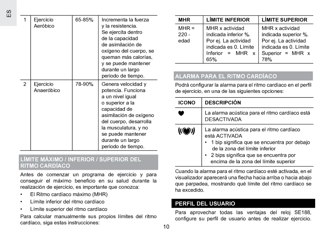 Oregon Scientific SE188 user manual Límite Máximo / Inferior / Superior DEL Ritmo Cardíaco, Alarma Para EL Ritmo Cardíaco 